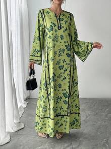 1 Stück Damen Maxikleid mit Blume Muster und Langarm in A-Linie, lässiges grünes Kleid geeignet für Hochzeiten, elegantes arabisches Abaya-Kleid für luxuriöse Partyveranstaltungen im Frühling - Grün - Übersicht 3