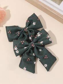 2pcs Flower Pattern Hair Bows For Girls Green Bow Hairpins With Tail Cute Floral Print Bow Barrettes Casual Daily Holiday Birthday Party Headpiece Kids Baby Toddlers Hair Accessories
