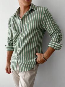 男士纹理条纹休闲长袖衬衫，秋季款 - 綠色 - 查看 3