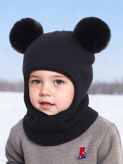 1 pieza Gorro de punto con doble pompón suave y cálido de unicolor para niños de 1 a 8 años, adecuado para uso al aire diario, otoño/invierno