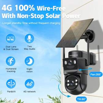 Negro - 1pcs / 2pcs / 3pcs / 4pcs - 4G paneles solares de CCTV de bajo consumo de energía, sin wifi, cámara inalámbrica de vigilancia de red 2k de doble lente al aire libre, alarma de faros, detección de movimiento, visión nocturna en color, audio bidireccional, seguimiento automático, impermeable, adecuado para monitoreo de puertas.