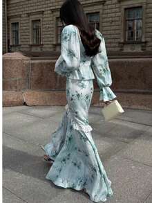 Women's Elegant Floral Lace Ruffle Trim 2 Pieces Set, Suitable For Daily Wear, Wedding, Party, Back To School Season - Green - View 3