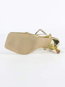 Women's Fashionable Elegant Gold Color PU Flat Thong Strap Square Toe Ankle Strap Stiletto High Heel Sandals, Charming Luxurious Metallic Shiny Party Wedding Outdoor Event High Heels - Gold - View 10