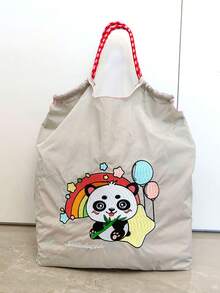 1pc New Casual Embroidered Panda Design Foldable Nylon Large Capacity Tote Bag, Adjustable Shoulder Strap, Suitable For Commuting, Party