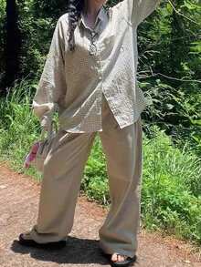 Vintage Niche Ins Style Pleated Plaid Long Sleeve Polo Shirt Women, Casual Outwear - Beige - View 3