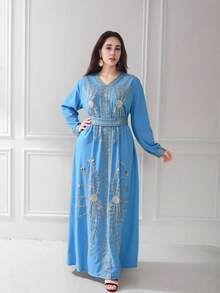 JINLICX New Style Inspired Plus Size Women Beach Vacation Sequin Patchwork Tie Waist Dress - Blue - View 1