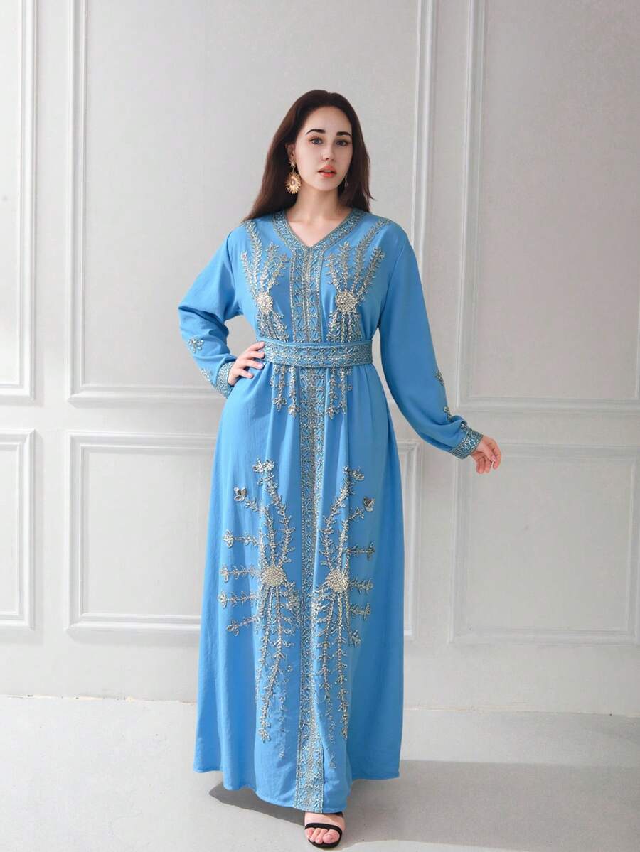 JINLICX New Style Inspired Plus Size Women Beach Vacation Sequin Patchwork Tie Waist Dress - Blue - View 1