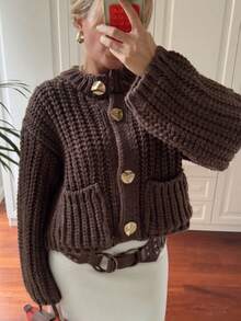 Women's Fashion Single Pocket Decoration Casual Knit Sweater Jacket, Retro Round Neck Elegant Short Top, Street Style - Brown - View 1