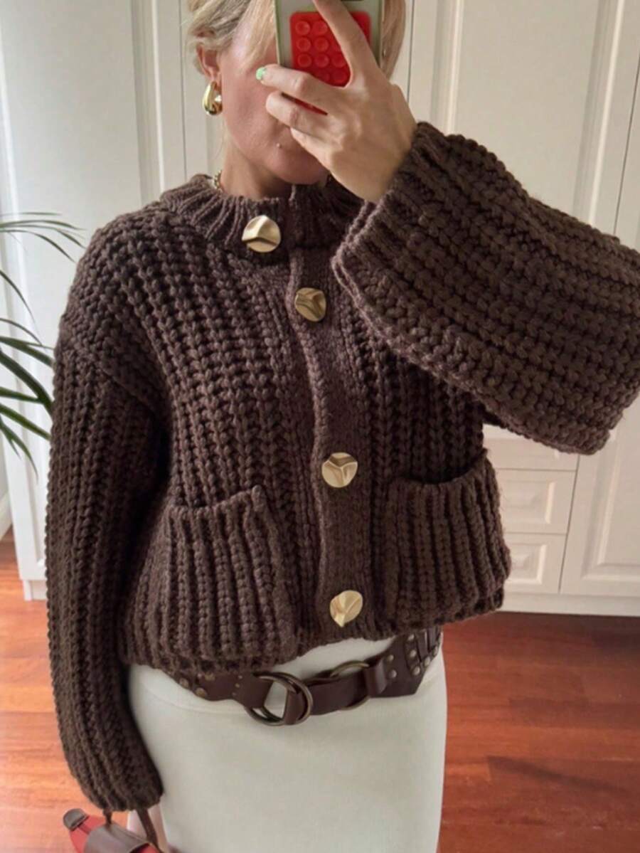 Women's Fashion Single Pocket Decoration Casual Knit Sweater Jacket, Retro Round Neck Elegant Short Top, Street Style - Brown - View 1