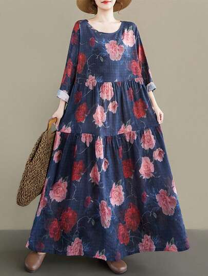 AZAH Chinese Spring Festival, 2026 Tops, Long Autumn Dress, Round-Neck Long-Sleeved Pleated Skirt, Bohemian Casual Vacation Long Dress, Loose Dress For Middle-Aged And Elderly Mothers, One Dress, Random Print