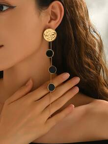 1 par de pendientes elegantes para mujer, diseño de moda personalizado con gota de aceite geométrica, disco redondo y borla larga, diseño único, adecuado para uso diario, casual, fiesta, vacaciones y de alta gama