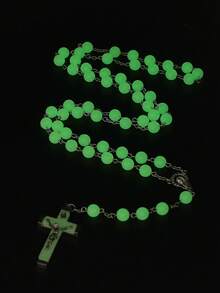 1 件价格实惠的复古念珠项链，带十字架吊坠，夜光，合金材质，男女通用的天主教基督教宗教珠宝 - 夜光珠十字項鍊 - 查看 2