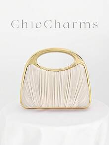 1 件香槟色闪亮褶皱优雅小手拿包，女士时尚链条单肩包，适合派对、婚礼、舞会、晚宴/宴会，与婚纱、晚礼服、生日礼服完美搭配 - 杏色 - 查看 2