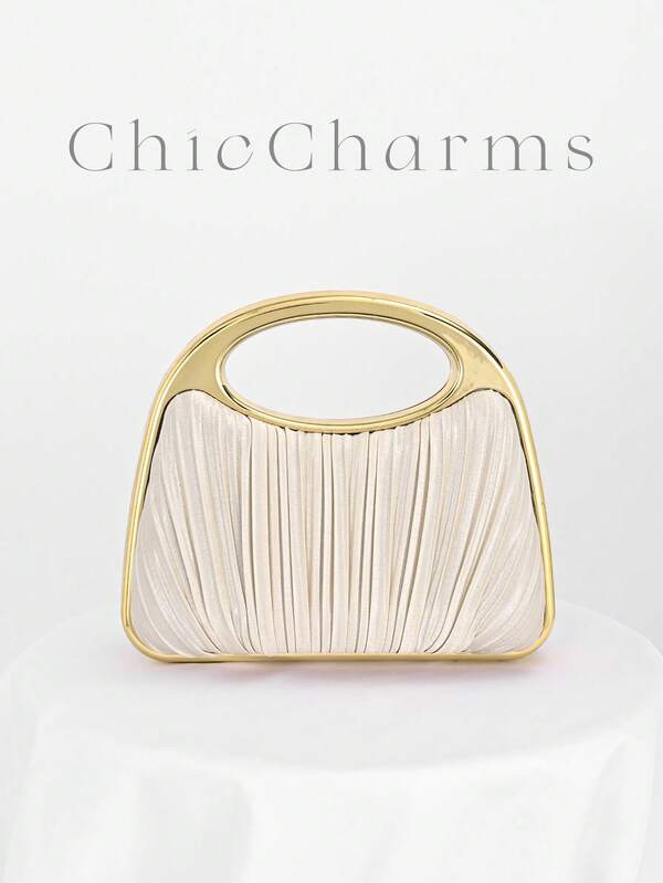 1 件香槟色闪亮褶皱优雅小手拿包，女士时尚链条单肩包，适合派对、婚礼、舞会、晚宴/宴会，与婚纱、晚礼服、生日礼服完美搭配
