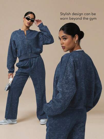 Sodalemon Conjunto de gimnasio casual para mujer con chaqueta de entrenamiento suelta con cremallera completa, bolsillos con cordón, pantalones de pierna ancha con cintura elástica para hacer ejercicio al aire libre