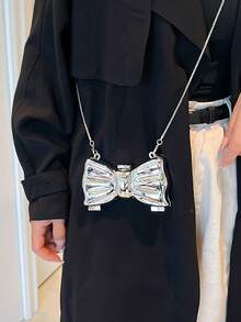 Women's Small Elegant Shoulder Bag - Shiny Bow Crossbody Purse Magnetic Buckle Cute Chain Clutch For Valentine's Day Gift For Girlfriend - 銀色 - 查看 6