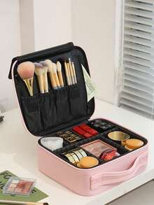 Minimalist Professional Makeup Box With Large Capacity, Beauty Makeup Tool Kit, Bridal Emergency Kit, With Dividers, Portable Makeup Bag With Handles, Durable Waterproof Makeup Storage Box With Zippered Adjustable Support Strap, Suitable For Travel Activities, Professional Makeup Artist Essentials (Detachable Dividers Are Shipped Randomly) Travel Essentials, Holiday Vacation Makeup Organizer Travel Bag For Women Make Up Bag