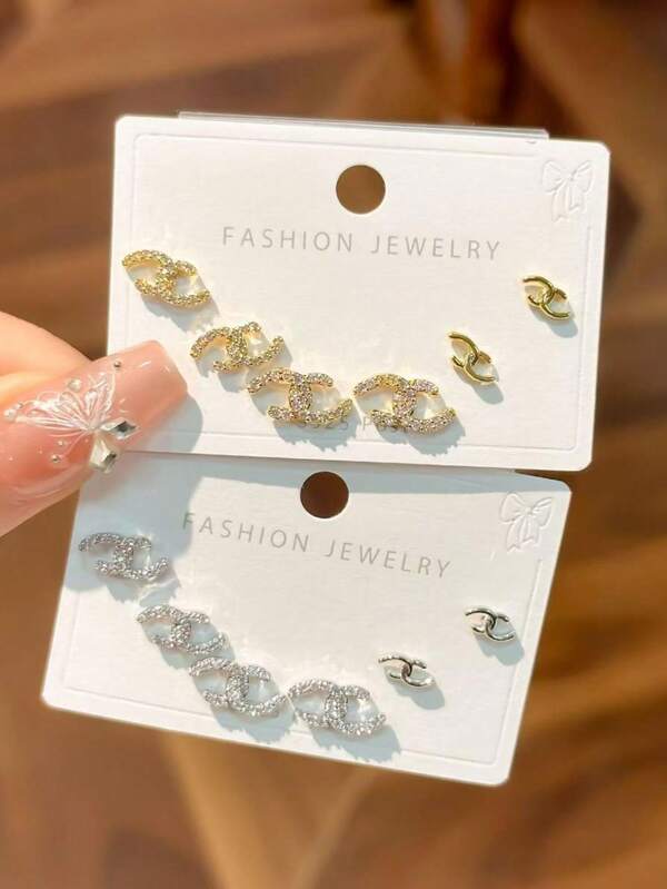 مجموعة من 3 أزواج من أقراط إبرة الفضة 925 عيار أنيقة وأنيقة وعصرية مزينة بالزركونيا البيضاء على شكل حرف C مزدوج، هدية مثالية للفتيات للارتداء في الحياة اليومية.