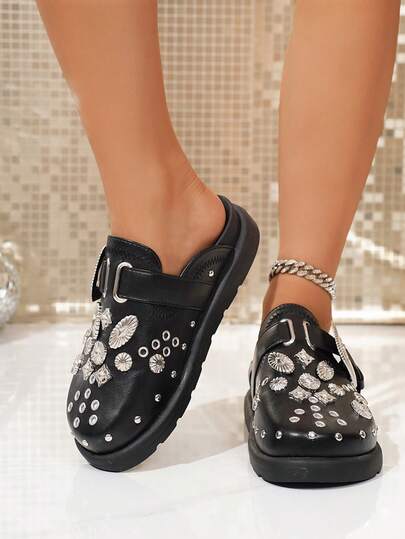 Women's Fashion Comfortable Rivet Personalized Black Wedge & Platform Loafers