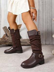 Botas de Tornozelo Retrô com Fivela para Mulheres Plus Size, Cor Sólida, Outono/Inverno, Design de Zíper Lateral e Cano Médio, Prático e Fashion. Forro Térmico para Aquecimento, Sola Plana Confortável, Couro + Forro de Lã Melhora a Qualidade e Elegância do Calçado, Formato Elegante da Perna, Versátil para Passeios, Um Item Fashion Indispensável no seu Guarda-Roupa.