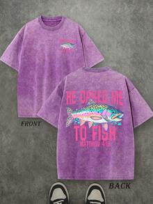 Retro Washed T-Shirt Double Sided Printed (230 Pure Cotton T-Shirt) 'HE CALLED ME TO FISH'  Letter And FISH Pattern Print, Mens TShirt, Mens Shirt Casual, Comfortable, Fashionable T-Shirt, Street Style Cotton - 紫丁香色 - 查看 1