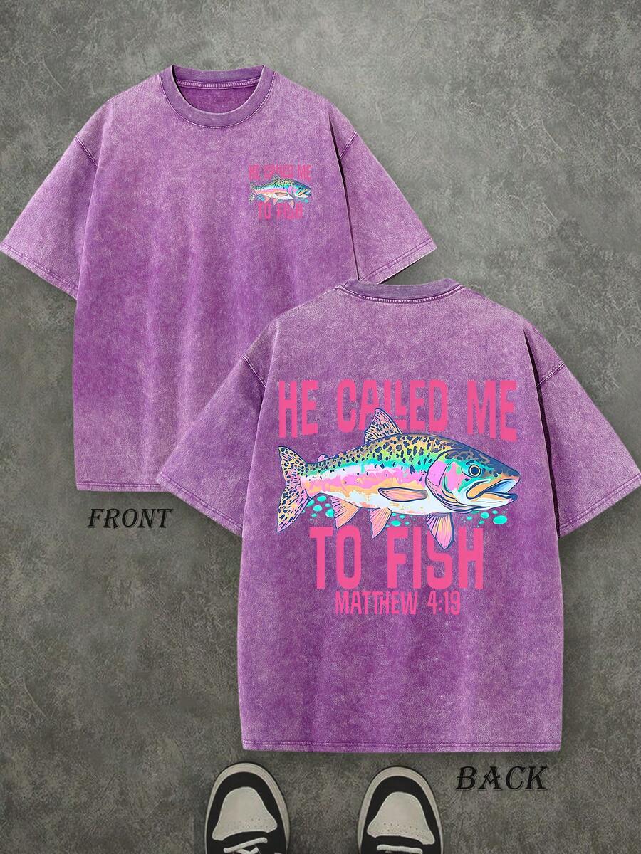 Retro Washed T-Shirt Double Sided Printed (230 Pure Cotton T-Shirt) 'HE CALLED ME TO FISH'  Letter And FISH Pattern Print, Mens TShirt, Mens Shirt Casual, Comfortable, Fashionable T-Shirt, Street Style Cotton - 紫丁香色 - 查看 1