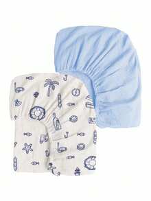 两件套平织棉婴儿床单、柔软透气婴儿床床垫罩、新生儿必备用品 - 彩色 - 查看 9
