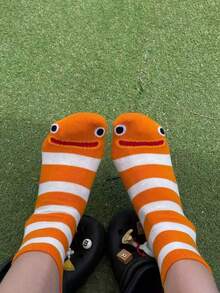 1 Pair Women Cartoon Striped Eye Smile Pattern Funny Socks, Comfortable Versatile Soft Casual Socks, Suitable For Daily Wear, Fall Socks - Multicolor - View 5