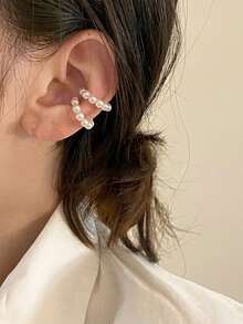 1pc Fashionable Handmade Faux Pearl Ear Cuff, Elegant Ethereal Style Minimalist Personalized Earring For Women Without Pierced Ears - Multicolor - View 3