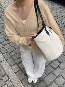 FOR BEAUTY 女士纯色 V 领单排扣长袖针织上衣，时尚、优雅、休闲、修身、百搭，适合日常外出和通勤，是时尚女性的理想之选。 - 暖杏 - 查看 4