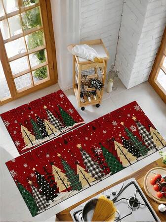 1pc Winter Snowy Green Christmas Tree Kitchen Mat, Modern Farmhouse Absorbent Quick Dry Kitchen Carpet, Party Decor Indoor Entrance Doormat, Washable Kitchen Floor Mat, Absorbent Oil-Proof Kitchen Floor Pad, Area Rug, Runner Rug, Party Decor Indoor Entrance Rug, Soft Thick Kitchen Floor Mat, Non-Slip Kitchen Decor Carpet, Easy Clean Entryway Welcome Mat, Suitable For Living Room, Dining Room, Kitchen, Sink Area, Indoor Entrance