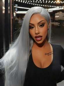 Gray Lace Front Wig Human Hair For Women Straight Human Hair Wig Glueless 12A 13x4 HD Transparent Lace Frontal Wigs 180% Density Silk Straight Gray Wigs Pre Plucked Bleached Knots With Baby Hair - 灰色 - 查看 3