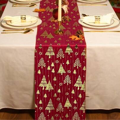 1 块红色桌布，带有圣诞元素、圣诞树星星图案、桌面装饰、圣诞礼物