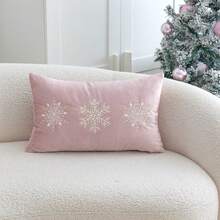 1pc Christmas Pink Snowflake Embroidered Decorative Pillowcase, Suitable For Indoor Decoration, Christmas Decor, Without Pillow Insert - Pink - View 9