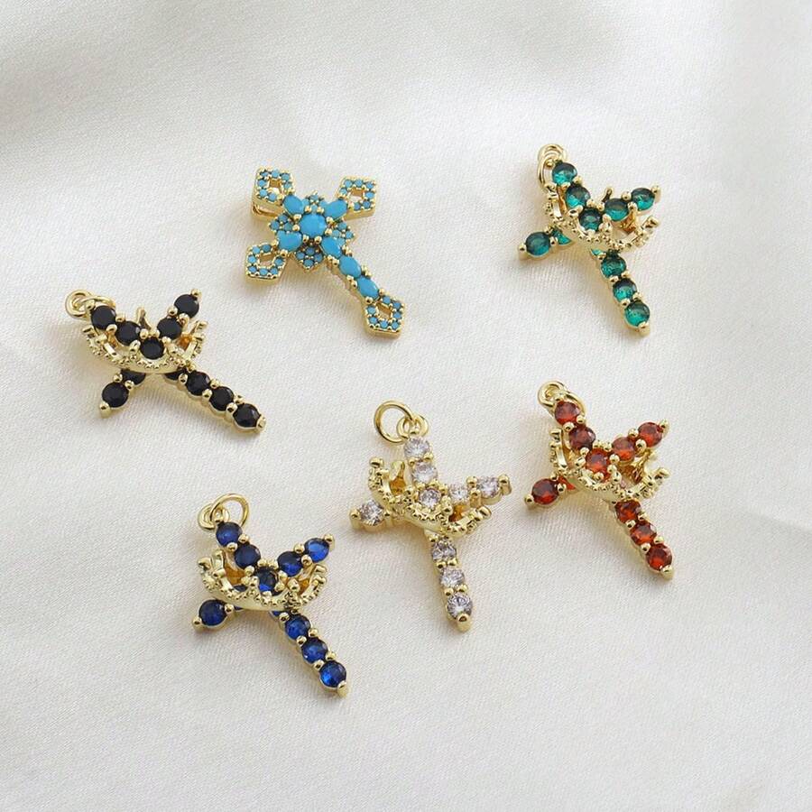 1pc Fashionable Copper Micro-Inlaid Zirconia Crown Cross Pendant, Versatile For DIY Bracelet, Necklace, Earrings, Suitable For Women Wedding, Festival Wear