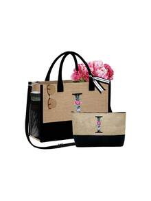 2pcs/Set Women's Beach Tote Bag With Shoulder Strap, Beach Hat And Cosmetic Bag, Personalized Letter A-Z Beach Accessory Bag With Side Pocket, Ideal Gift For Women, Mothers, Teachers, Friends, Bridesmaids, Students, Suitable For Beach Vacation, Outdoor Wedding, Birthday, Holiday, Large Capacity For Weekend Getaway - Multicolor - View 26