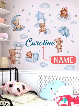 120*30cm Customizable Wall Decal, Customizable Name, [Blue Bear, Pink Bear, Yellow Bear] - PVC Self-Adhesive Removable Wall Sticker, Suitable For Nursery, Kids Room, Playroom Or Classroom - Cute Creative Wall Decor, Applicable To Any Space