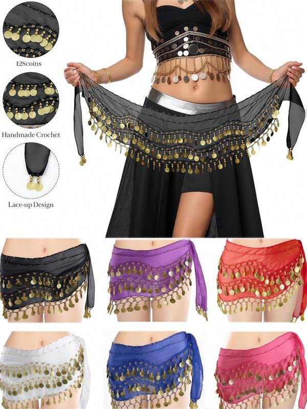 1pc Belly Dancer Hip Scarf, Sweet Belly Dance Skirt Wrapped With Coins, Egyptian Style Belly Dance Costume Hip Scarf Belt, Women Chiffon Belly Dance Scarf, Suitable For Yoga, Zumba, Belly Dance Costume Hip Scarf, Women Belly Dance Fringe Skirt, Sequin Mini Skirt For Party