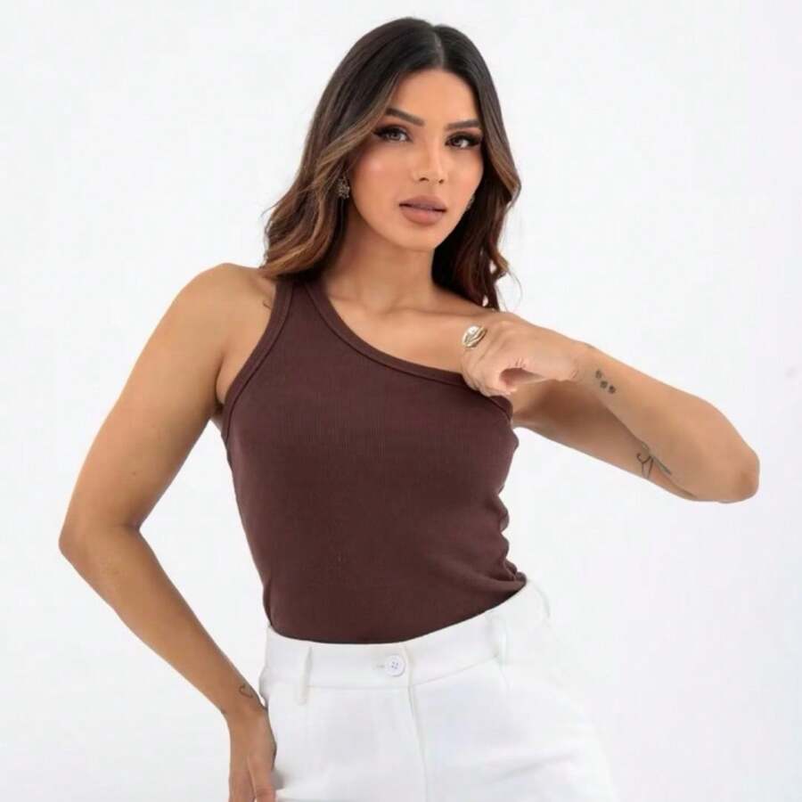 Blusa mula manca elegante canelado basica social blusa um ombro só feminina - Marrom - Visão 1