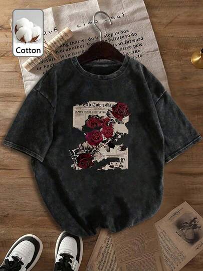 女士休闲纯棉T恤，印有趣味“玫瑰报纸”图案，复古街头风，舒适宽松版型，Y2K朋克摇滚印花T恤，可机洗短袖上衣