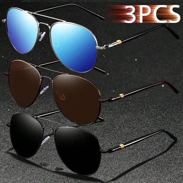 3 sztuki klasycznych okularów pilotów z metalową oprawką, vintage, okrągłe, męskie, damskie, luksusowe, markowe, designerskie, modne, tropikalne, plażowe, wakacyjne, letnie, pastelowe, błyszczące, materiałowe, eleganckie, estetyczne, wakacyjne, okulary, dla mężczyzn, do jazdy samochodem, wędkowania, podróży, zakupów, turystyki, gogle, retro, podróżne, okulary dla kierowców, męskie i damskie (uwaga: etui na okulary widoczne na zdjęciu nie jest dołączone)
