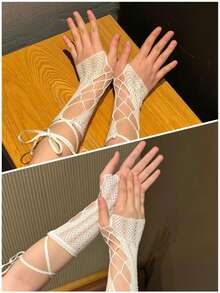 Y2K Aesthetic Lace Criss-Cross Arm Sleeves - Sexy Sheer Mesh Vintage Fingerless Gloves - Millennium JK Style Cosplay Accessories - Sweet Streetwear For Summer (Global) - White - View 15