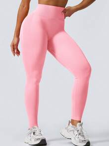 Women's Fashion Ruched Ankle Pants, Elastic Ribbed Leggings For Hiking & Sports Pink Spring - Pink - View 3