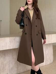Elegant Solid Color Lapel Double-Breasted Double Pocket Jacket, Autumn - Brown - View 9