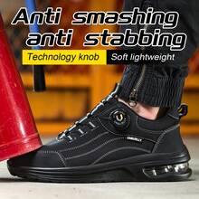 UMBURLLY 1 Đôi Giày bảo hộ lao động nam bằng da sợi nhỏ màu trơn, có nút, chống va đập, chống đâm thủng, thích hợp cho mọi mùa ngoài trời - màu đen - Xem 6