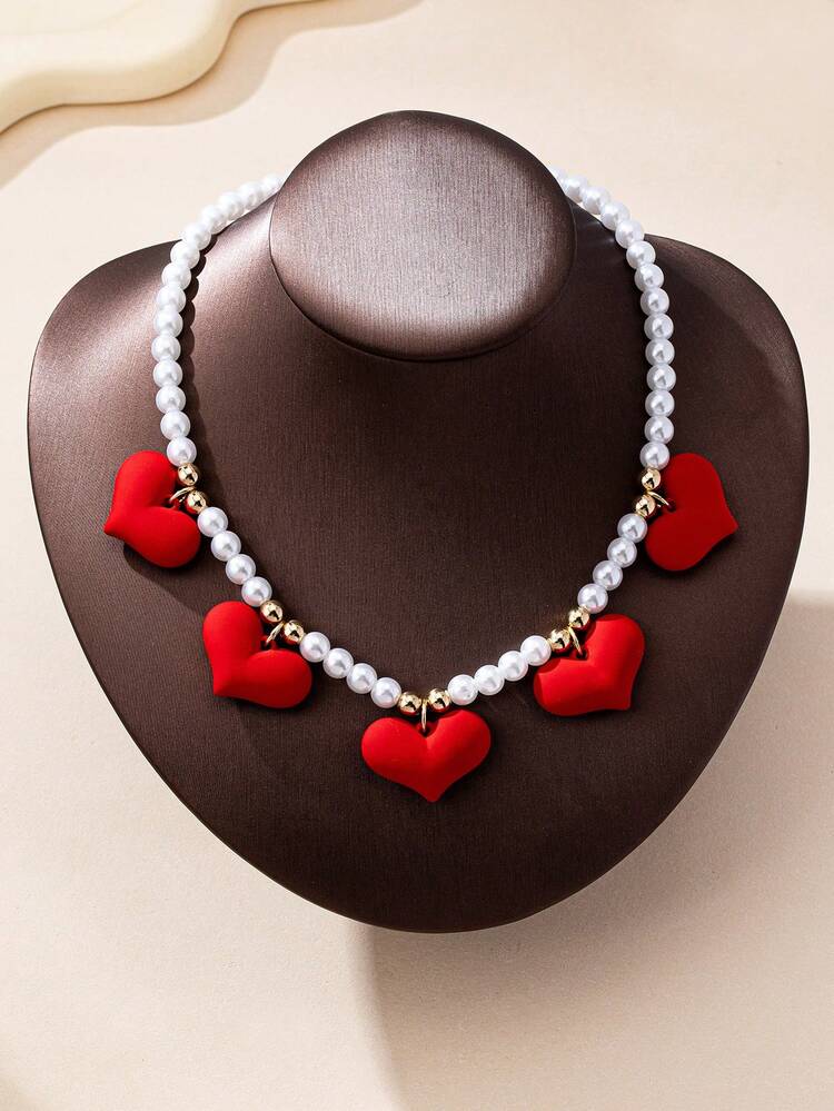 Collar con colgante de corazón rojo de metal con perlas, estilo fashionable y apropiado para uso diario y atuendos festivos, regalo de aretes y collares para mujeres - Rojo - Añade 2