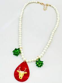 1 pieza Collar de Navidad para mujer, collar de cuentas de perlas falsas, estampado de reno de acrílico rojo, collar colgante con flor de Navidad verde, adecuado como regalo de fiesta de Navidad para mujeres