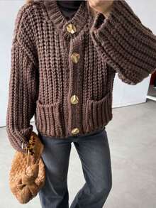 Women's Fashion Single Pocket Decoration Casual Knit Sweater Jacket, Retro Round Neck Elegant Short Top, Street Style - Brown - View 3