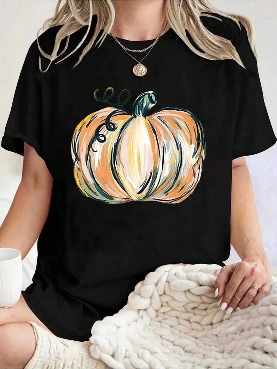 Plus Size Casual Short Sleeve Women's T-Shirt With Colorful Pumpkin Print For Fall Season 220g