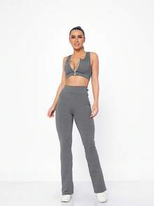 Women's Suplex Flare Pants High Waist Ballerina Bell Bottom Gym Fitness Casual - Xám - Xem 5